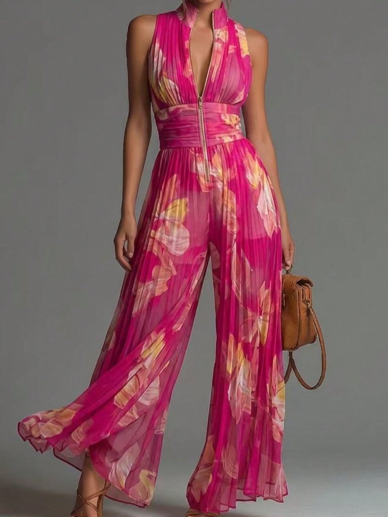Multicolor Elegant Women's Sleeveless Palazzo Floral Print Jumpsuit